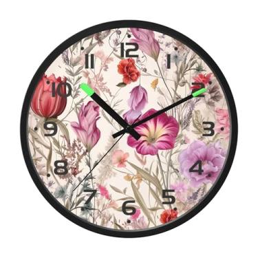 Imagem de SEHANY Herb Wildflower Relógio de parede silencioso sem tique-taque relógio redondo operado por bateria 30 cm controle de som luz noturna relógios de parede para sala de estar, cozinha, quarto