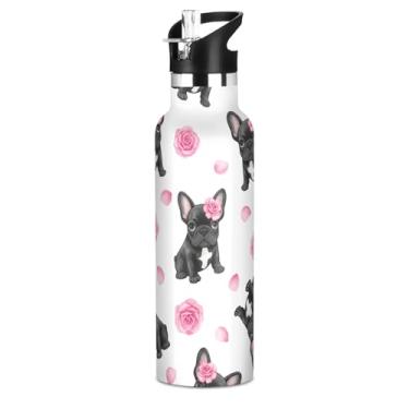 Imagem de Garrafa de água rosa com buldogues pretos fofos para adolescentes e meninos, garrafas de água isoladas sem BPA, copo de viagem de aço inoxidável com tampa de canudo para bebidas quentes ou frias, 590