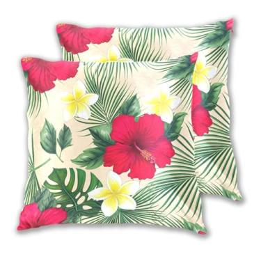 Imagem de Joitme Conjunto de 2 capas de almofada com flores vermelhas tropicais e folhas verdes, decorações grandes para sala de estar, 50 x 50 cm, 2 peças
