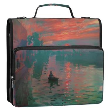 Imagem de Organizador de fichário Cléonard Monet Sunrise Art com zíper de 3 cm para fichários escolares resistentes com alça de ombro, portfólio e estojo para pasta de anel