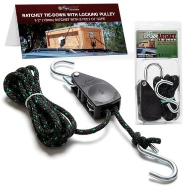 Imagem de Rope Ratchet 1,27 cm com polia de bloqueio, gancho ajustável para luzes de cultivo, coberturas, caiaques, barracas, acampamento, corda trançada de polipropileno de 2,8 m, capacidade de 226,8 kg, ideal