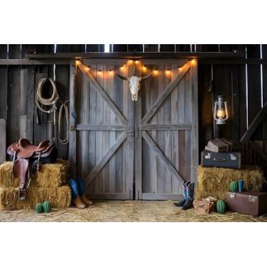 Imagem de Nihilar 3 x 2,4 m Wild West Western Cowboy pano de fundo rústico de madeira para celeiro de fotografia de casa de celeiro para festas temáticas de fazendas campestres de cowboy, aniversário, casamento