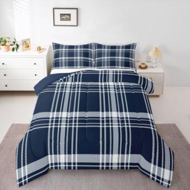 Imagem de jejeloiu Jogo de cama xadrez clássico macio para meninos e meninas, conjunto de edredom quadriculado azul, tamanho Queen, com grade estética, edredom de microfibra para decoração de quarto de fazenda
