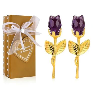Imagem de Klfoho Mini flor de cristal rosa de vidro com caixa, presente romântico rosa de cristal para sempre, para aniversário de casamento/esposa, dia dos namorados, aniversário/casamento, pacote com 2 (roxo)