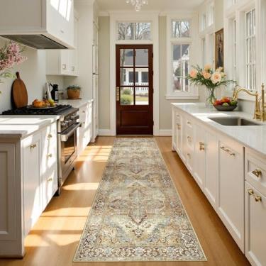 Imagem de jinchan Tapete de corredor 7 x 25 cm, estampa vintage, leve, lavável, antiderrapante, elegante retrô para corredor, tapete longo para cozinha, sala de jantar, lavanderia