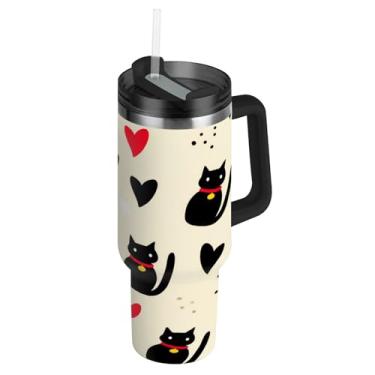 Imagem de Blueangle Copo de gato preto de 850 g com alça e tampa de palha, caneca de viagem de aço inoxidável isolada a vácuo de parede dupla, garrafa de água reutilizável para academia de escritório ao ar