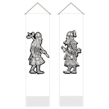 Imagem de AHANDMAKER Pacote com 2 tapeçarias de guerreiro viking, tapeçaria longa vertical de guerreiros nórdicos, cortina de porta de decoração viking para pendurar na parede para quarto, sala de estar, 33 x