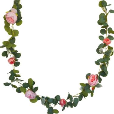 Imagem de Bairdish 2 peças de guirlanda de flores de peônia artificial rosa – videira de peônias falsas de seda com folhas verdes, flores falsas decorativas para sala de estar, festa de casamento, decoração de