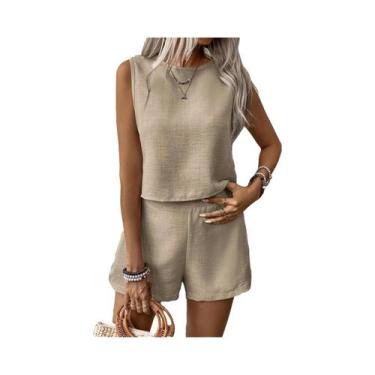 Imagem de Senhoras Cor Sólida Top E Shorts Conjunto Perfeito Para Férias Tempo D