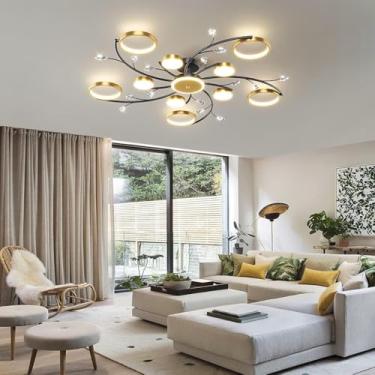 Imagem de Luminária de teto moderna com cristais LED, em ferro preto e dourado com detalhes florais, estilo nórdico, para sala de estar com controle remoto, tipo lustre, ideal para quarto, escritório