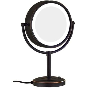 Imagem de CZCZC Espelho de maquiagem com luzes LED, 21 cm preto dupla face latão rotativo espelho cosmético ampliação espelho de bancada com plugue