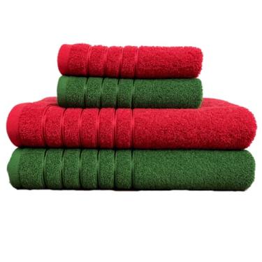 Imagem de Kit 4 Toalhas Algodão (02 Banho + 02 Rosto) - Jogo de Toalhas Super Absorventes 400g Tamanho Grande 70cm x 130cm (VERMELHO - VERDE)
