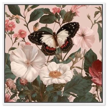 Imagem de Linda decoração de parede vintage com estampa de jardim Buttefly da Art Remedy, moldura branca, 61 x 61 cm