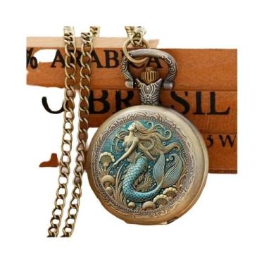 Imagem de Relógio De Bolso Vintage Feminino Com Padrão De Sereia E Colar, Movime