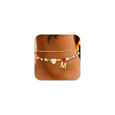 Imagem de Eaciy Tornozeleiras femininas coloridas com inicial inicial de coração banhado a ouro 14 K com inicial de coração em camadas delicadas A - Z, pulseira de tornozeleira colorida em camadas para mulheres