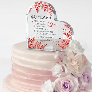 Imagem de Topo de bolo de acrílico para aniversário de casamento de rubi 40 anos, bloco de acrílico de coração de eucalipto vermelho, decoração de bolo de 40º aniversário elegante e presente de lembrança para