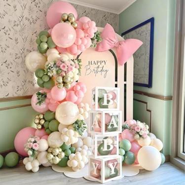 Imagem de Winrayk Decorações de chá de bebê rosa e verde para meninas, caixas com letras rosa verde areia ouro branco balão arco kit boho floral festa de aniversário suprimentos revelação de gênero meninas
