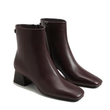 Imagem de RJYLP Botas femininas de cano baixo, salto grosso, salto grosso, confortável, botas curtas com zíper lateral, Z Marrom, 35