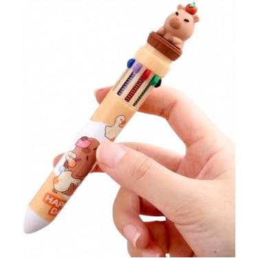 Imagem de Caneta 10 Cores com Capivara Decorativa | Esferográfica Multicolorida de Secagem Rápida | Ideal para Uso Escolar, Planner, Bullet Journal e Presente Criativo