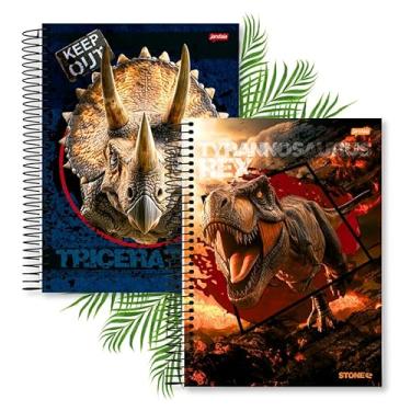 Imagem de Caderno 10 matérias Masculino Dinossauro Menino Grande KIT 2 unidades (Triceratops+ Rex laranja)