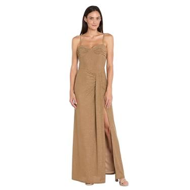 Imagem de R&M Richards Vestido maxi feminino elegante de jérsei metálico drapeado lateral | Alças finas, busto franzido e fenda alta, Dourado, 50