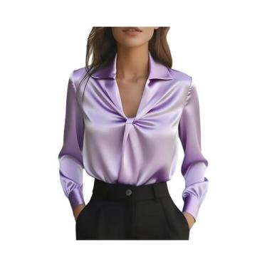 Imagem de Moda outono temperamento cor sólida cetim plissado camisa de manga com