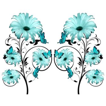 Imagem de Otoolling 2 peças de decoração de parede de flores de metal vintage flor azul arte de parede de metal 15,7 polegadas primavera borboleta floral rústica pendurado margarida arte para casa, sala de