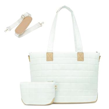 Imagem de VNIMTI Bolsa feminina leve e acolchoada com zíper, bolsa de ombro grande acolchoada para trabalho, viagens, academia, Branco