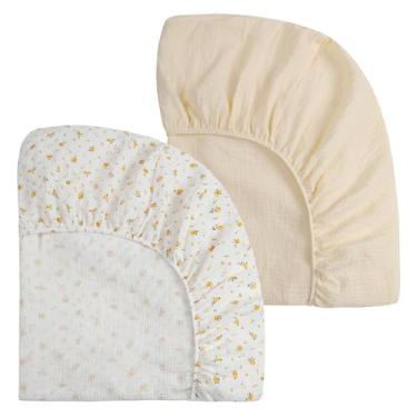 Imagem de Onacosht Lençóis de musselina para berço de 99 x 68,5 cm, pacote e jogo de lençol com colchão para meninos e meninas, pacote com 2, bege e amarelo floral