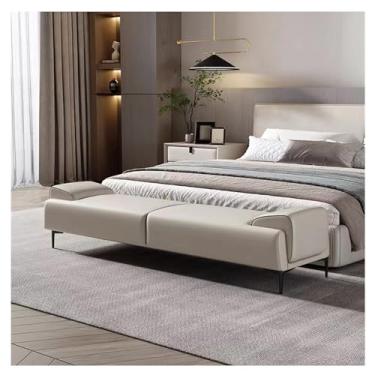Imagem de KEG801302 Otomano estofado moderno – Banco estofado no final da cama para maquiagem e quarto, apoio para pés de couro com braços decorativos (branco, 150 x 45 x 45 cm)