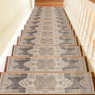 Imagem de Passos de escada antiderrapantes bege acinzentado claro para degraus de madeira internos, bege acinzentado claro 76 cm x 20 cm, tapete macio, tapetes laváveis na máquina com suporte reutilizável