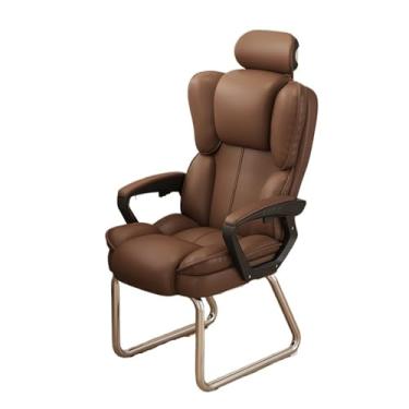 Imagem de Cadeira de escritório, cadeira de escritório em casa, encosto alto, couro PU, macia, executiva, recepção, com base de trenó prateado, sem rodas, cadeira de jogos (marrom)