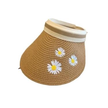 Imagem de Chapéu feminino verão vazio viseira de sol chapéu de palha de verão aba larga chapéu de proteção (cáqui)