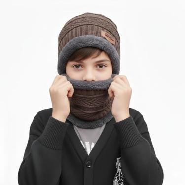 Imagem de Kit Infantil 8-14 Anos Touca Gorro Cachecol Beanie Forrada Lã Inverno 