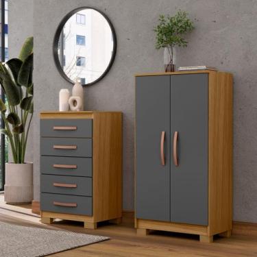 Imagem de Armário Multiuso Organizador 2 Portas Com Cômoda 5 Gavetas Carvalho Gr
