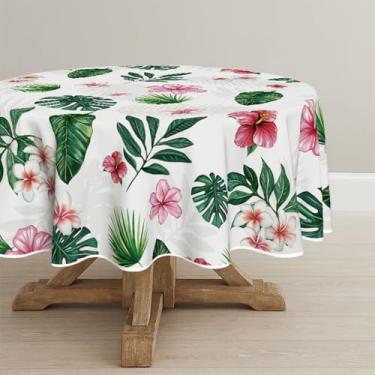 Imagem de Horaldaily Toalha de mesa redonda de verão 228 × 236 cm, flores tropicais, Monstera, branca, lavável, para decoração de festa, piquenique, jantar