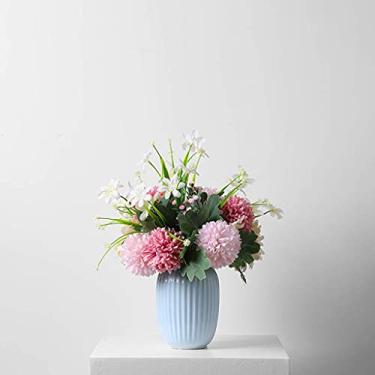 Imagem de YWangQiang Flores artificiais com vaso conjunto de flores artificiais pequenas flores de hortênsia de seda buquês de flores falsas para decoração de casamento/casamento/festa plantas artificiais