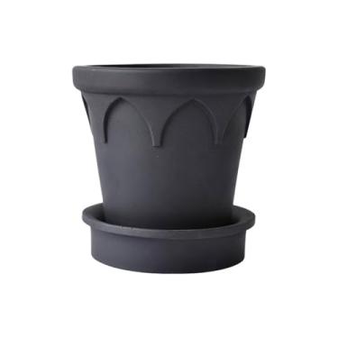 Imagem de Vaso de flores redondo de cimento, com orifício de drenagem e pires, boca de bacia com texturas geométricas, vaso de plantas de alívio, para quarto, peitoril de janela, jardim interno e externo (preto