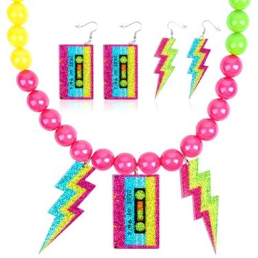 Imagem de juciasouul Acessórios para mulheres dos anos 80, colar de contas neon para vestido extravagante dos anos 80, brincos de fita cassete colorida, acessórios de fantasia dos anos 80, joias neon para