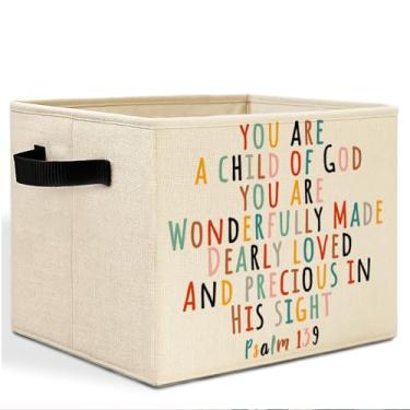 Imagem de HSIASHENG Caixa de armazenamento boho cristã com alças, You Are a Child of God Psalm 139 Versículo da Bíblia, cesto de roupa dobrável, organizador de brinquedos para berçário, crianças, quarto