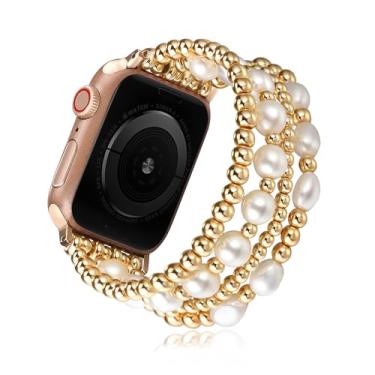Imagem de Fivoilin Pulseira feminina de contas compatível com Apple Watch séries 11, 10, 9, 8, 7, 6, 5, 4, 3, 2, 1, SE 3, Ultra, 2 e 3 de 42 mm, 44 mm, 45 mm, 46 mm e 49 mm, ouro