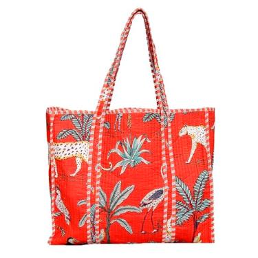 Imagem de Bolsa feminina acolchoada de algodão | Bolsa de ombro leve com bolso interno, Laranja, Large, Sacola com estampa acolchoada