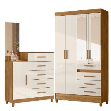 Imagem de Guarda Roupa Solteiro Sobral Com Espelho E Cômoda Lisboa Freijó Off White - Moval