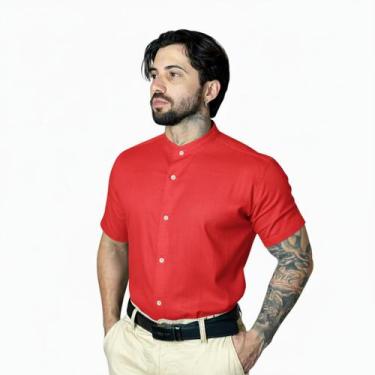 Imagem de Camisa Social Gola Padre Masculina Slim Fit Manga Curta - Volgue, Verm