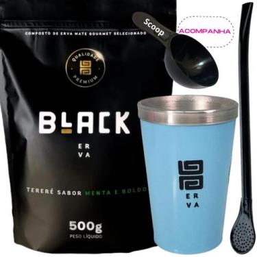 Imagem de Kit Tereré Black Erva Mate 500g + Copo Alumínio Térmico AZUL + Bomba C