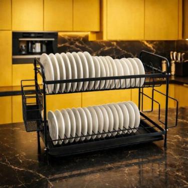 Imagem de Escorredor De Louca Preto Aço Inox Para 15 Pratos de Capacidade Com 2 