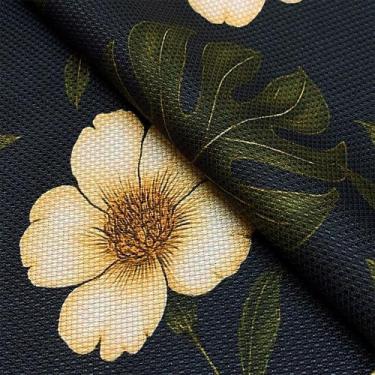 Imagem de Tecido Oslo Estampado Floral Amarelo Fundo Marinho - 1,40m de Largura