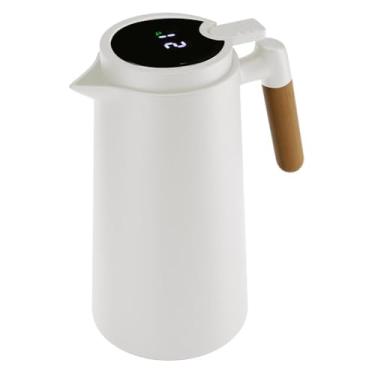 Imagem de LYOR - Garrafa Térmica de Plástico com Cabo de Madeira e Termômetro Branca 1L - Utensílios de Cozinha - Mesa Posta - Decoração - Itens Para Casa - Perfeita Para Café e Chá