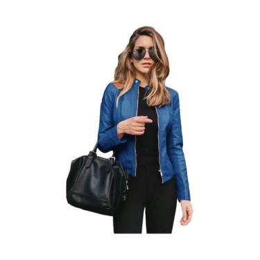 Imagem de Jaqueta Curta Feminina De Couro PU Com Zíper Para Outono Inverno - Mod