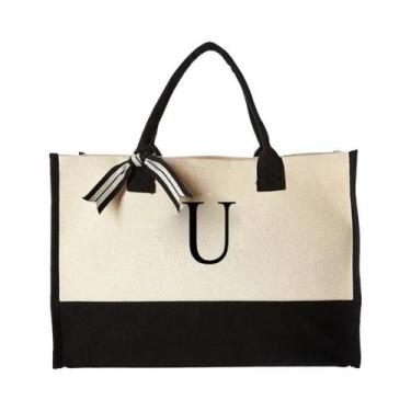 Imagem de Bolsa De Lona De Grande Capacidade Com Design De Letras E Flores, Bols